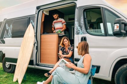 People hanging out with camper van