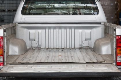 View into a silver pickup truck bed