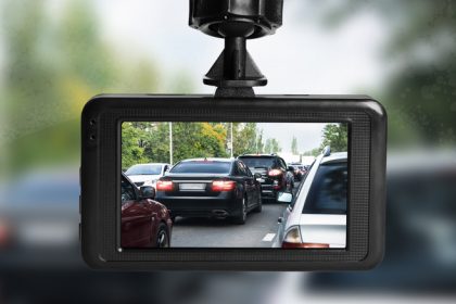 Dashcam attached to car windshield