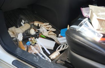 dirty and cluttered car interior