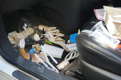 dirty and cluttered car interior