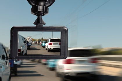 Dashcam attached to car windshield