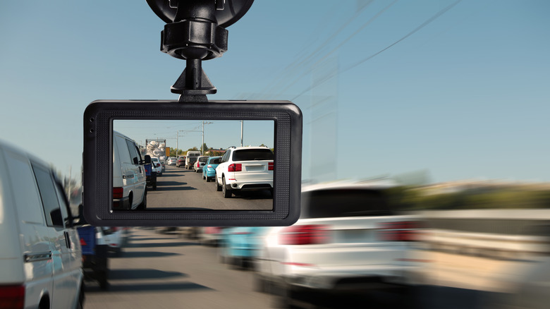 Dashcam attached to car windshield